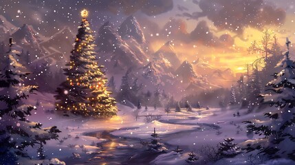Christmas Tree in a Snowy Mountain Valley