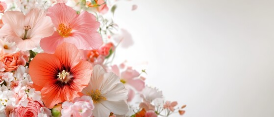  A white background features a bouquet of pink and white flowers, with a concentration of these hues in the center