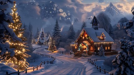 Fototapeta premium Snowy Christmas Village with Illuminated Cabin