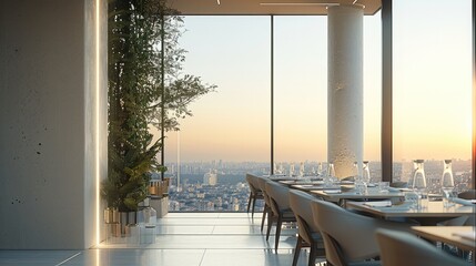 Ultra luxury, modern, minimalist restaurant with city view. Generative AI.