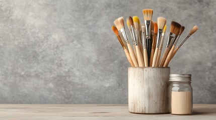 Obraz premium Rustic wooden brush holder with hand-carved tribal motifs, accompanied by matching earthy decor pieces, warm and inviting atmosphere