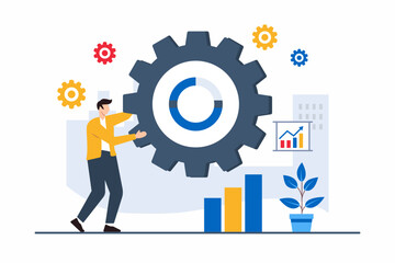 Flat illustration of individual carrying giant cogwheel, symbolizing organizational alignment and process optimization