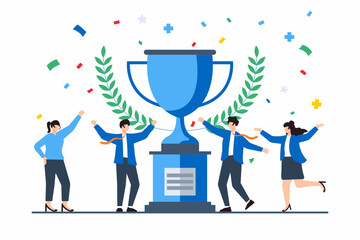 Flat illustration of people celebrating successful project milestone with trophy and confetti
