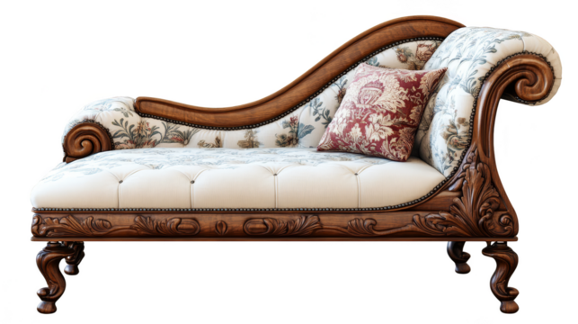 Elegant Carved Wooden Chaise Lounge with Floral Upholstery and Pillow