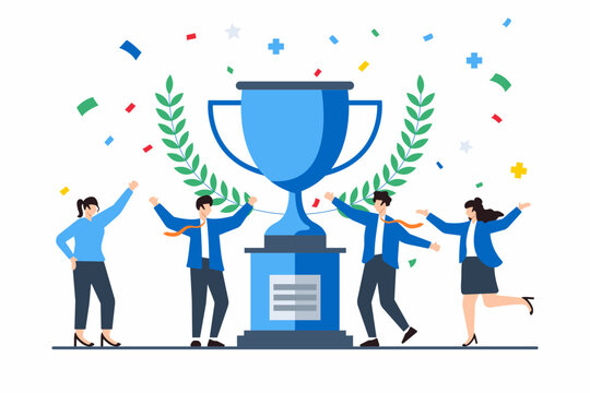 Flat illustration of people celebrating successful project milestone with trophy and confetti