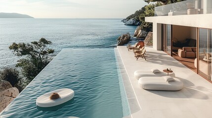 Obraz premium Minimalistic design, pool with a floating bed and table in the middle of an outdoor terrace overlooking the sea, beach chairs around it, Mediterranean style, white concrete floor. Generative AI.