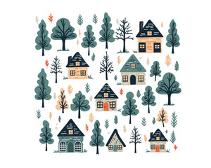 Fototapeta premium The square pattern with a fairy tale country houses and trees, set