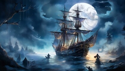 Fototapeta premium A classic sailing ship on the ocean with its tall mast and sails, evoking a sense of adventure and summer vacation