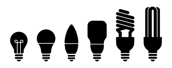 Light bulb black line icons set on white background. Idea symbol. Electric lamp, light, innovation, solution, creative thinking, electricity. Outline, flat and colored style. Flat design.