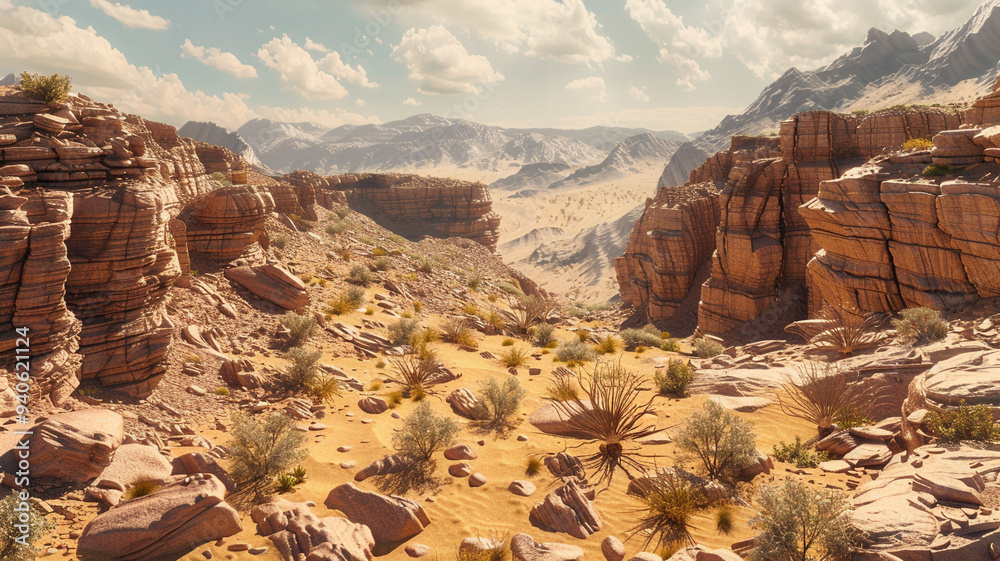 Wall mural a rocky desert with rugged cliffs and scattered desert plants