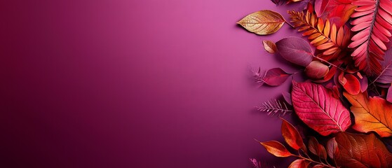  Two sides, each featuring a purple background dotted with various-colored leaves