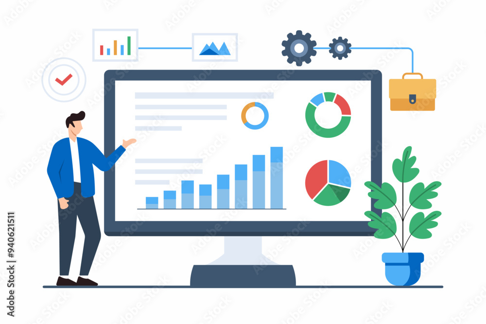 Poster flat illustration of analyst reviewing performance metrics on real-time project dashboard for effici
