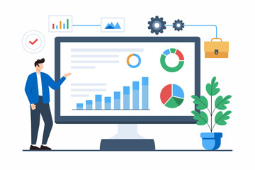 Flat illustration of analyst reviewing performance metrics on real-time project dashboard for efficiency