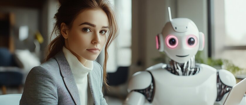 Sophisticated businesswomans rearview in a stylish suit sitting near a white and pink robot cyborg in a modern studio, emphasizing AI vs human collaboration on a laptop