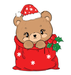 Cute Teddy Bear New Years christmas background. Kids print vector illustration, Holidays decor