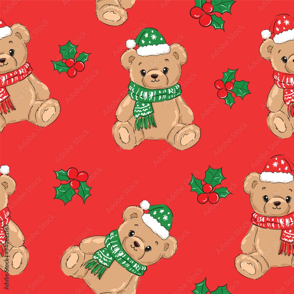 Poster Christmas background Seamless pattern teddy bear new year print design background vector textile for kids fashion