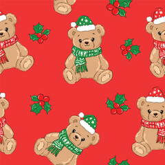 Christmas background Seamless pattern teddy bear new year print design background vector textile for kids fashion