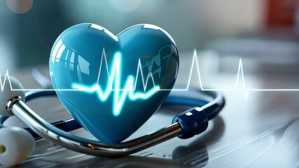 Stethoscope with heart shape displaying an ECG on blue background. Symbol of health, medical 
