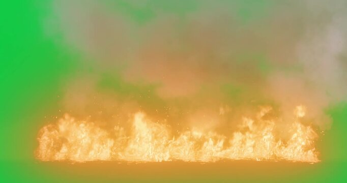 Huge Ground Fire Large View Isolated on Green Screen Background,4K Video Element for Visual effects