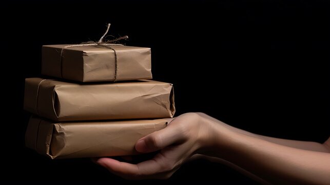 Three Brown Packages Held in Hand