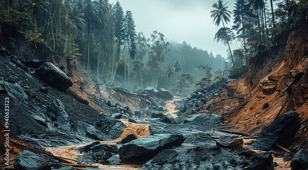 Poster heavy landslide fall down rock and big trees dark. generative ai.