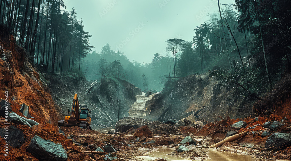 Poster heavy landslide fall down rock and big trees dark. generative ai.