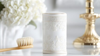 Vintage ceramic brush holder adorned with intricate floral patterns, set in a classic Victorian bathroom with ornate fixtures