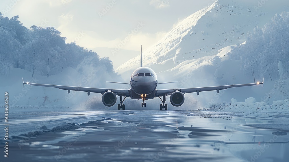 Poster an airplane almost landing in frozen. generative ai.