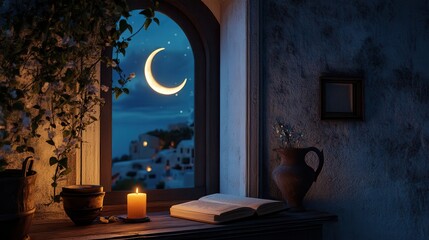 Cozy night view through an arched window with a glowing crescent moon, candle, and book on a rustic table, capturing a serene and peaceful ambiance.