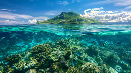 Fototapeta premium a seamount surrounded by clear, turquoise waters and abundant sea life