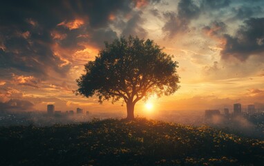 sunset, sky, sun, tree, clouds, nature