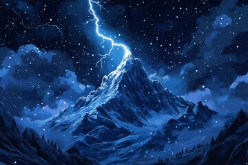 A Lightning Bolt Strikes a Snowy Mountain Peak Under a Starry Sky