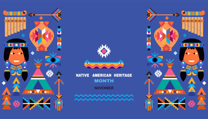 Native American Heritage Month in November Celebrate annual in United States. Tradition geometrical ornament pattern. Poster, card, banner and background  holiday American Indian culture. Vector