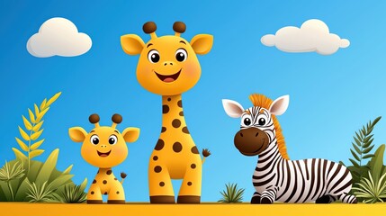 Naklejka premium Cheerful cartoon giraffes and a zebra in a colorful landscape with bright skies and playful elements, perfect for kids' designs.