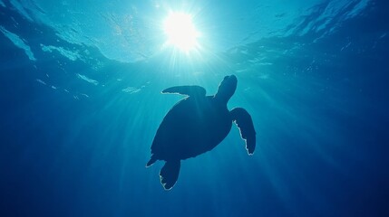 Turtle Swimming in Blue Ocean, Beautiful Marine Life, Tropical Turtle in Wild Nature Generative AI
