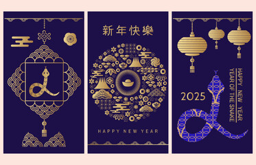 Happy Chinese New Year 2025, Zodiac sign, year of the Snake Chinese translation: "Happy New Year, Snake" Vector modern art template poster, banner flat icon colorful illustration