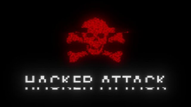 HACKER ATTACK glitch notification with skull icon. Looped cybercrime concept hacking animation. HACKER ATTACK message with glitch effect. Security breach with skull icon. Hacking attack.