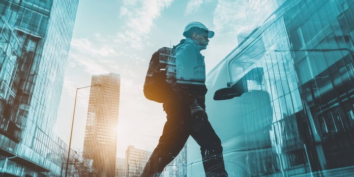 A delivery worker navigating a cityscape during sunset with an overlay of the monkeypox virus theme