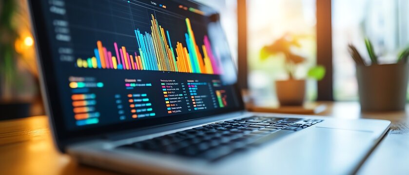 Laptop closeup showing colorful website analytics, traffic metrics, and graphs, representing blog ranking and SEO visitor statistics