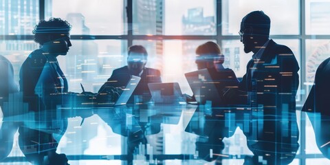 Double exposure of a business meeting with professionals discussing data analysis and strategy in a modern office