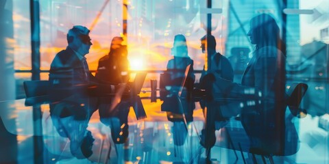 Business professionals engaged in a productive discussion during a conference in an office setting at sunset