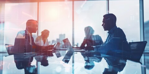 Double exposure of a business meeting with professionals discussing strategic solutions in a modern office setting
