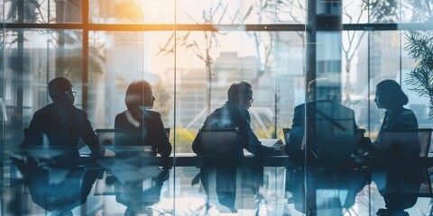 Double exposure of a formal business meeting in an office setting with colleagues discussing reports and strategies