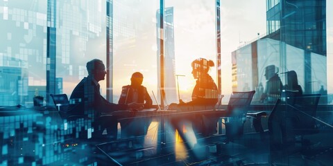 Double exposure of a business meeting at sunset discussing strategy and solutions in a corporate office
