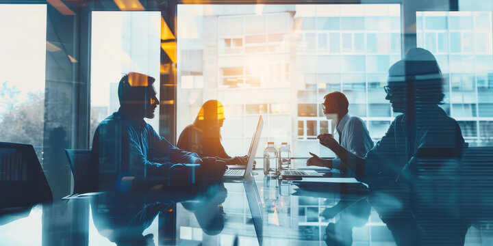 Double exposure of a business meeting focused on data analysis and collaboration among coworkers in a modern office setting