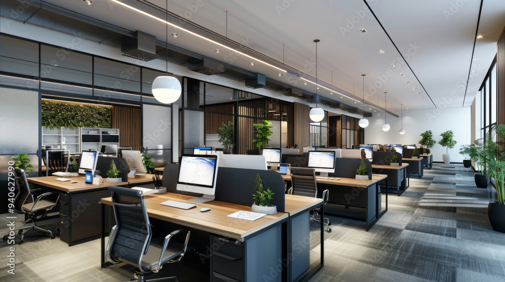 Poster This contemporary workspace features an open layout with desks facing large windows, enhancing productivity and fostering a collaborative atmosphere with plants enriching the air