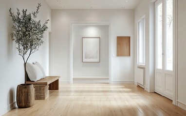 Bright minimalist hallway with large windows, wooden bench, potted plant, and modern art on the...