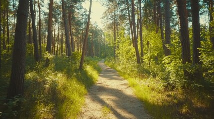 Fototapeta premium Walking Path through Green Forest on a Sunny Day, Perfect for Hiking Trail and Nature Photography Generative AI