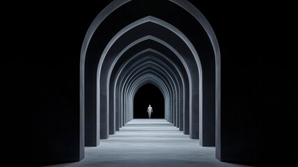 Fototapeta premium Haunted hallway, gothic arches, phantom lurking, 3D illustration