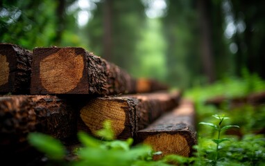 Close-up of stacked logs in a lush green forest, showcasing natural beauty and the tranquility of the woodland environment.